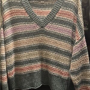 American Eagle Outfitters Green and Pink V-Neck Sweater